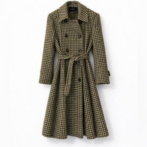 🧥 Moda International Green Houndstooth Belted Trench Coat Women’s Size 14